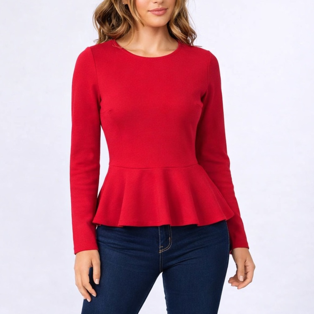 Jason Wu Red Peplum Top Long Sleeve‎ Stretch Blouse NWT